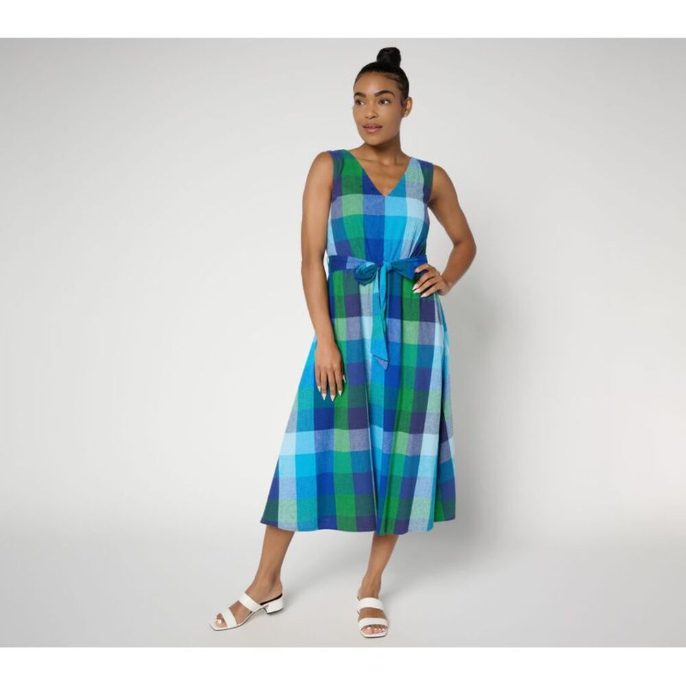 Wacoal Women's Plus Sz Dress 2X Madras Plaid Midi Self Belt Blue A692509